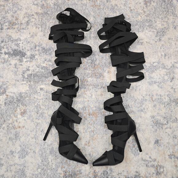 Fashion Nova Boots Womens Size 8 Black Mesh Strappy Thigh High Heels Stiletto - Picture 2 of 8